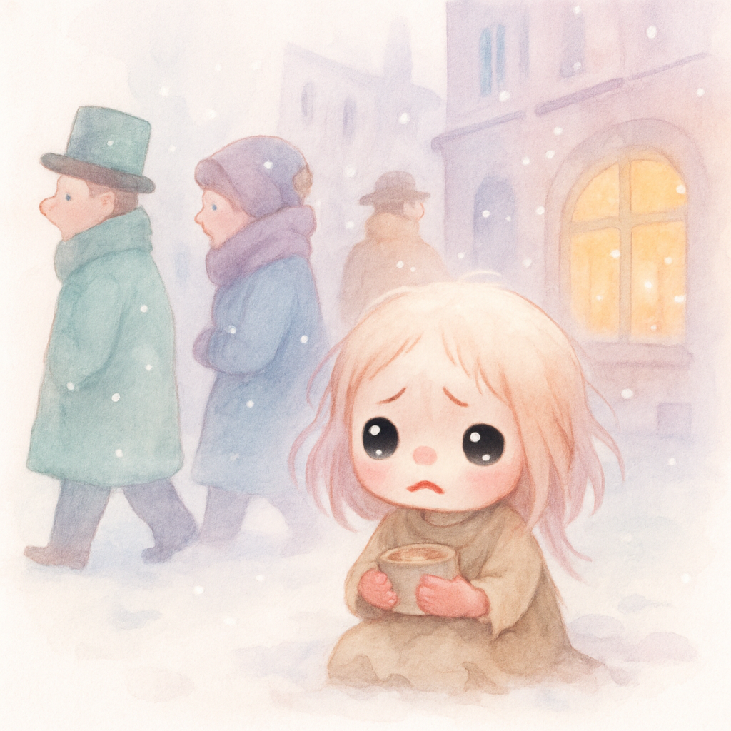 거리에서 성냥을 팔려고 외치는 소녀, 사람들이 무관심하게 지나감